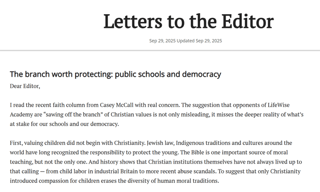 Screenshot of a ‘Letters to the Editor’ page titled ‘The branch worth protecting: public schools and democracy,’ dated Sep. 29, 2025
