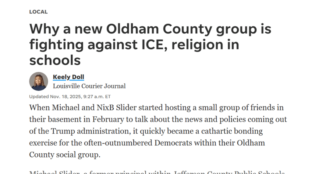 Screenshot of a Louisville Courier Journal article titled ‘Why a new Oldham County group is fighting against ICE, religion in schools